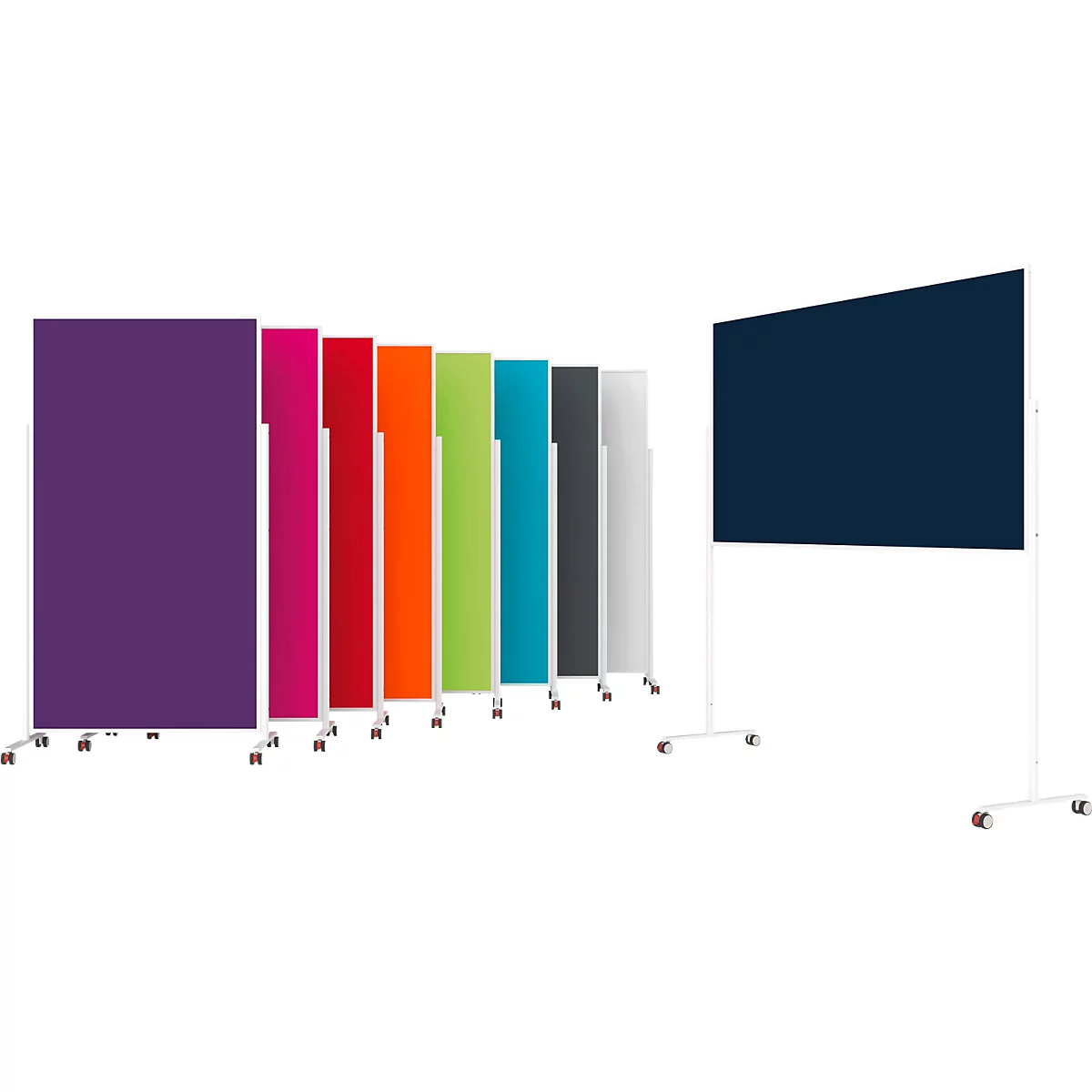 Plusieurs séparateurs d'espace mobiles et colorés, disposés en rangée sur un fond blanc.