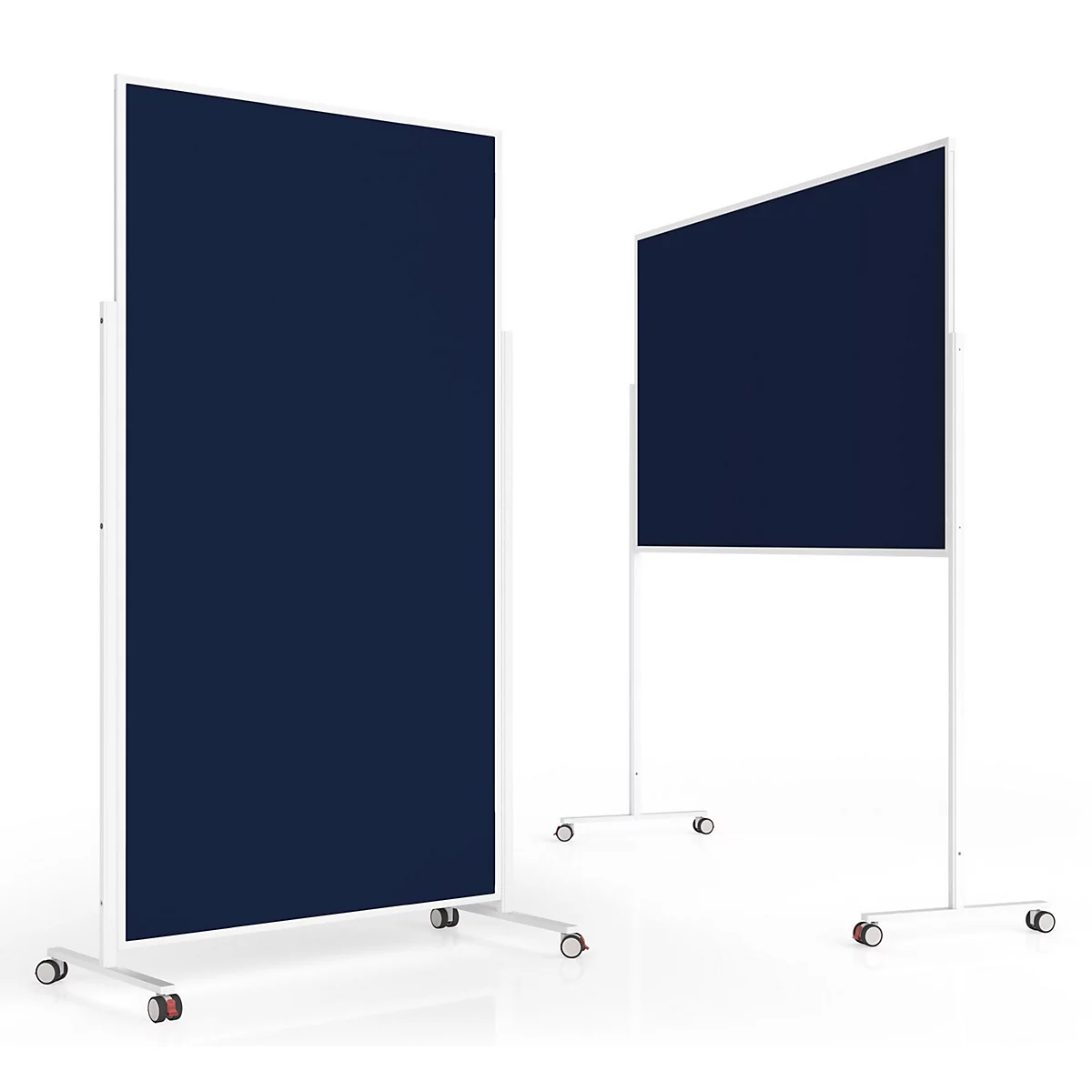 Deux tableaux d'affichage mobiles bleu foncé avec cadre blanc sur roulettes, sur fond blanc.