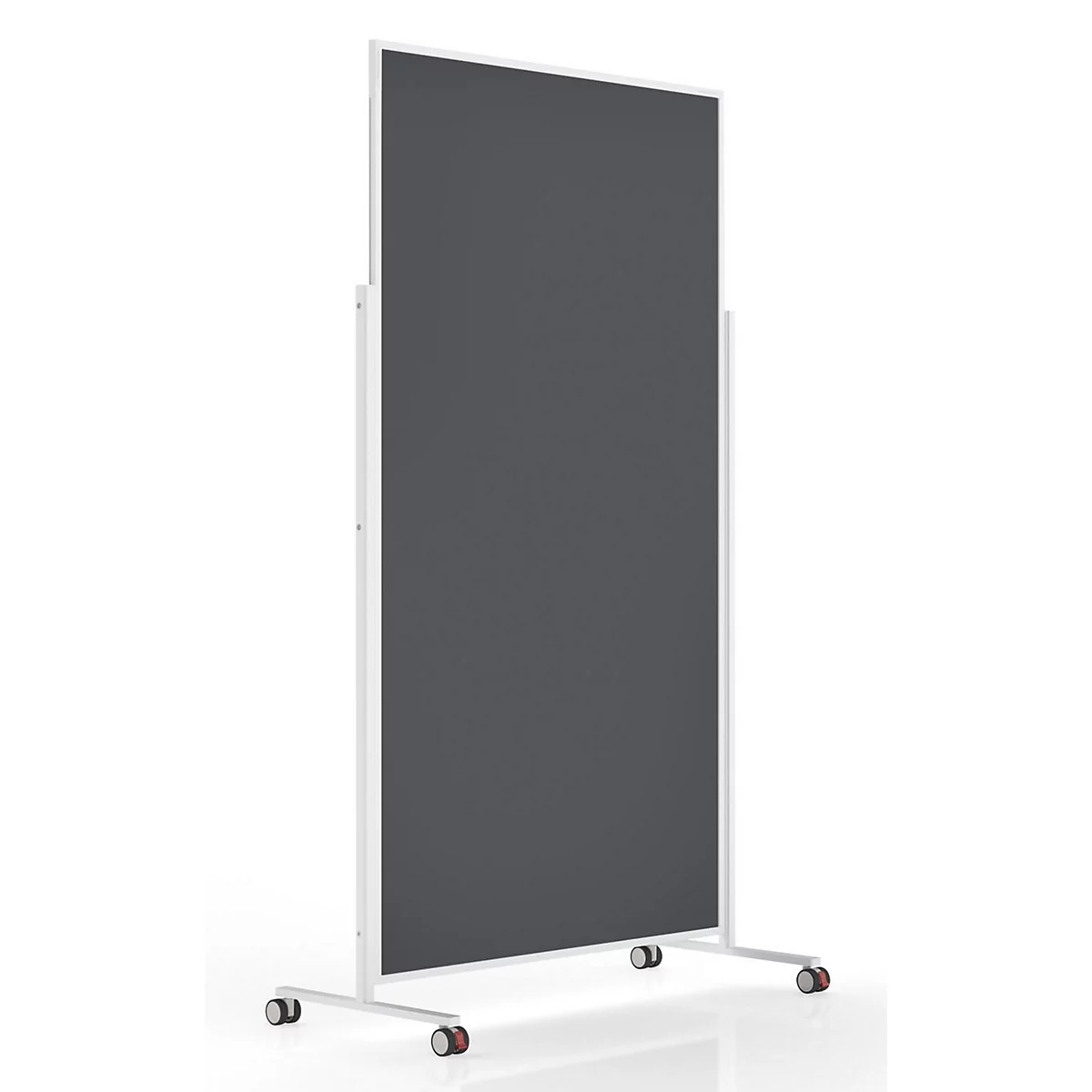 Cloison mobile avec un panneau rectangulaire gris foncé dans un cadre blanc sur roulettes.