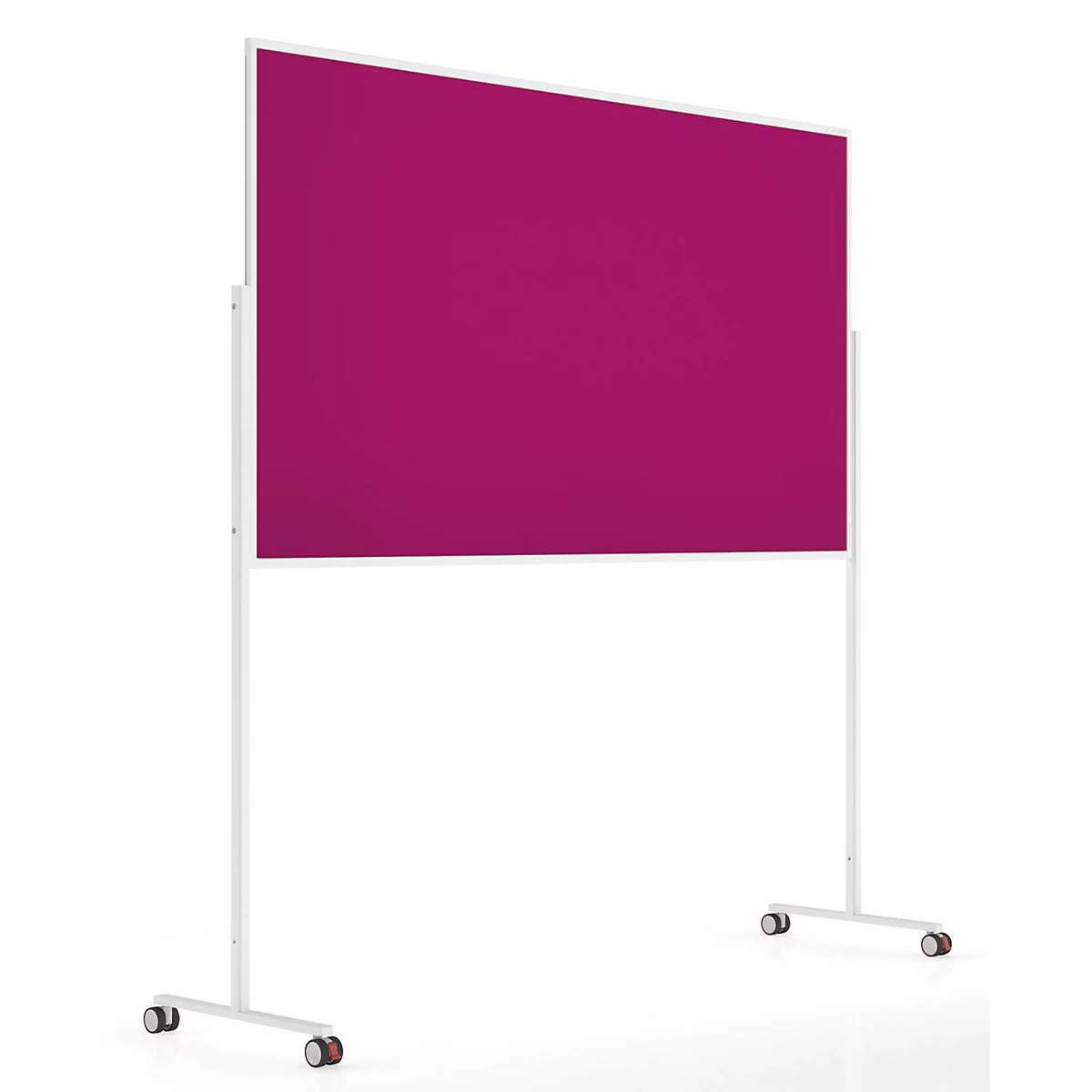 Un tableau d'affichage magenta sur un support blanc mobile devant un fond blanc.