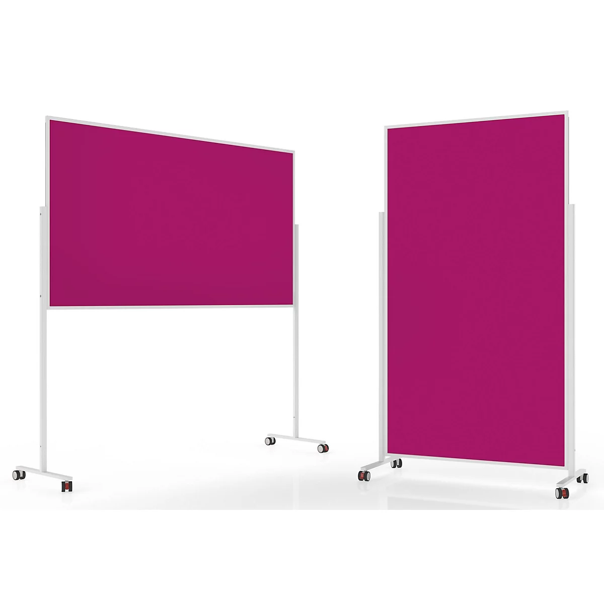 Deux cloisons mobiles magenta vif avec cadre blanc et roulettes, présentées en mode paysage et portrait.