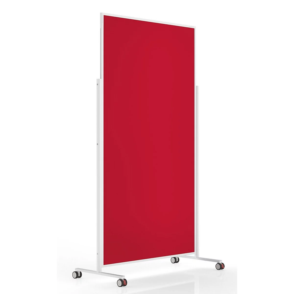 Cloison mobile rouge vif avec un cadre blanc sur roulettes devant un fond blanc.