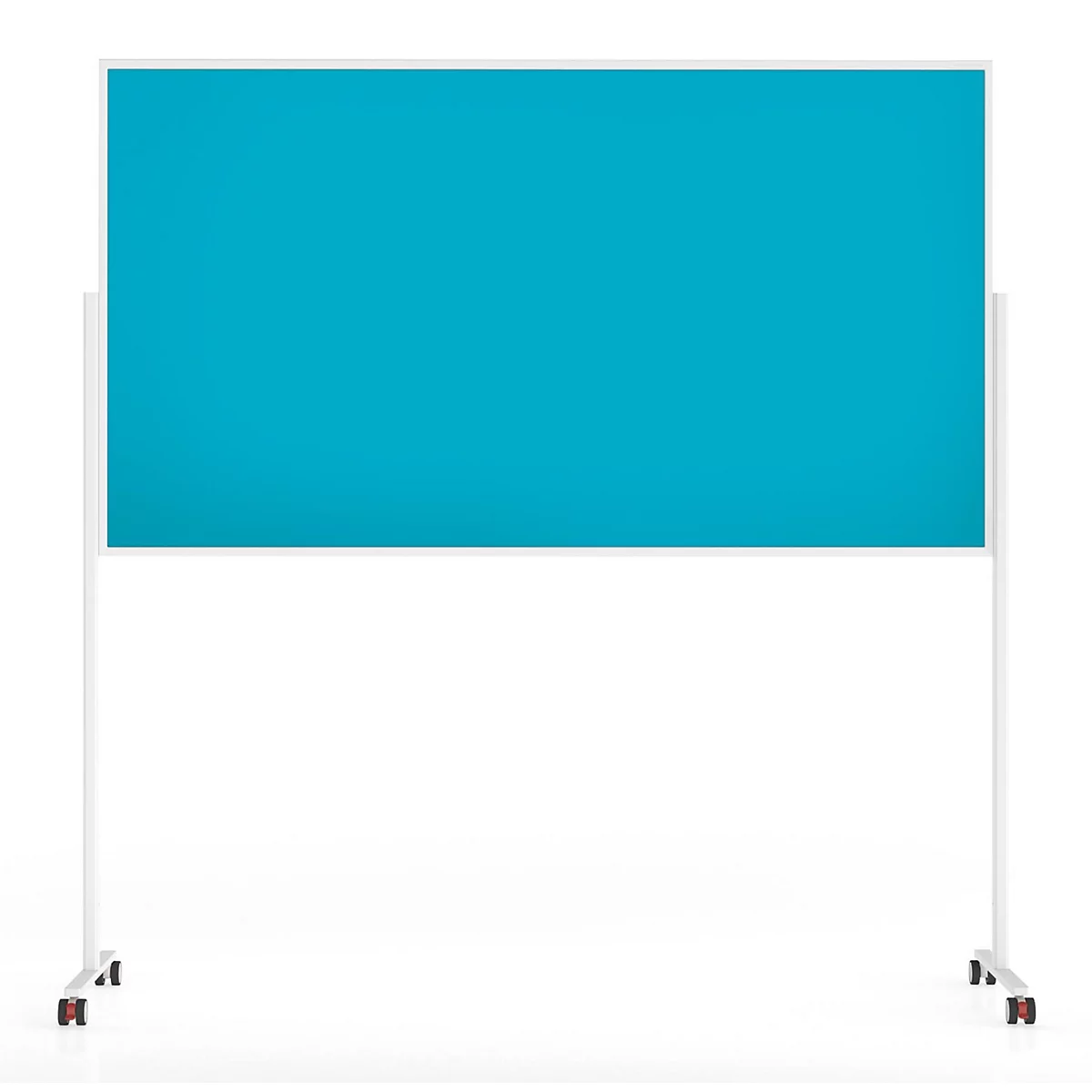 Tableau d'affichage rectangulaire turquoise sur support mobile blanc, sur fond blanc.