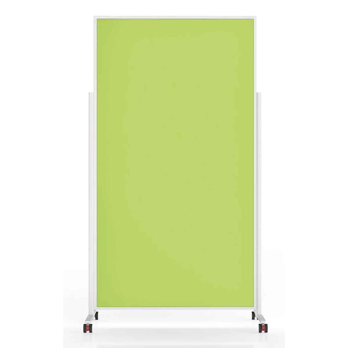 Cloison rectangulaire vert clair avec un cadre blanc sur roulettes, devant un fond blanc.