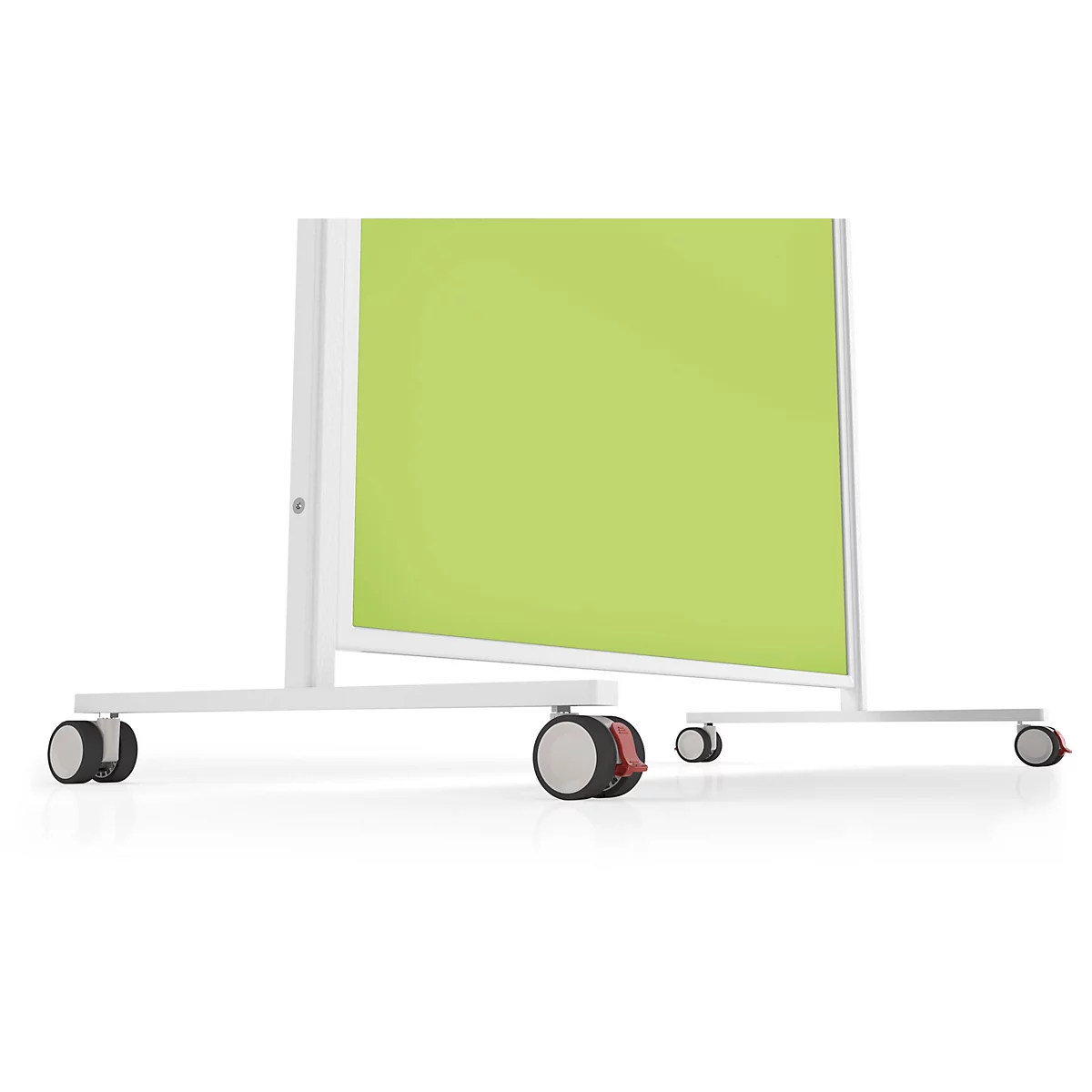 Séparateur de pièce léger sur roulettes avec surface vert fluo et cadre en métal blanc sur fond blanc.
