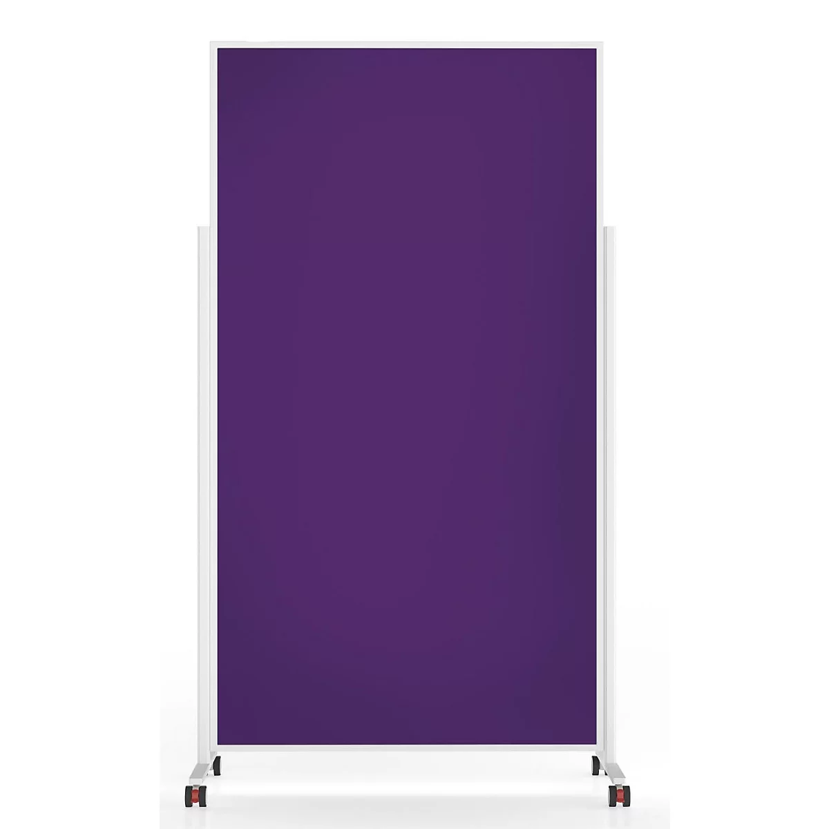 Cloison de séparation verticale violette dans un cadre blanc avec des roulettes sur fond blanc.