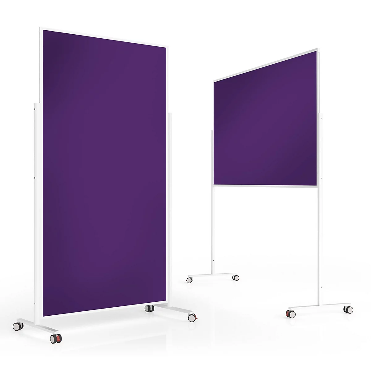 Deux cloisons mobiles violettes avec cadre blanc sur roulettes devant un fond blanc.