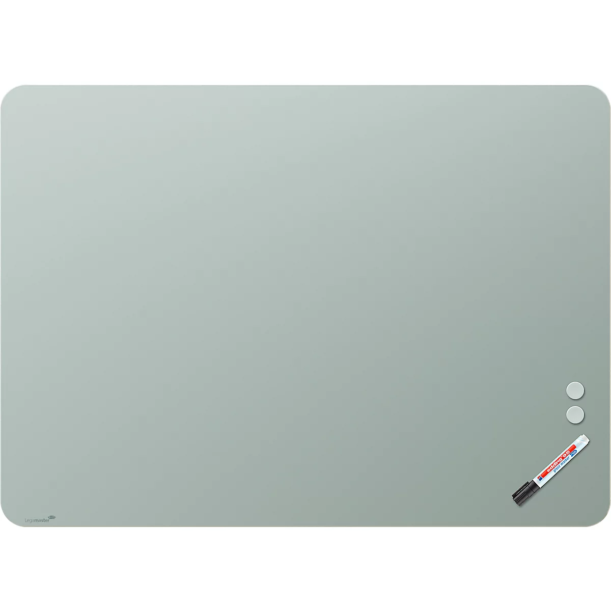 Tableau en verre Legamaster RC, avec 2 aimants &amp; 1 marqueur pour tableau en verre, L 1200 x P 4,4 x H 900 mm, verre de sécurité trempé, mat, sage green