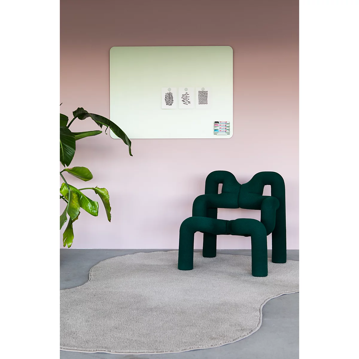 Tableau en verre Legamaster RC, avec 2 aimants &amp; 1 marqueur pour tableau en verre, L 1200 x P 4,4 x H 900 mm, verre de sécurité trempé, mat, sage green