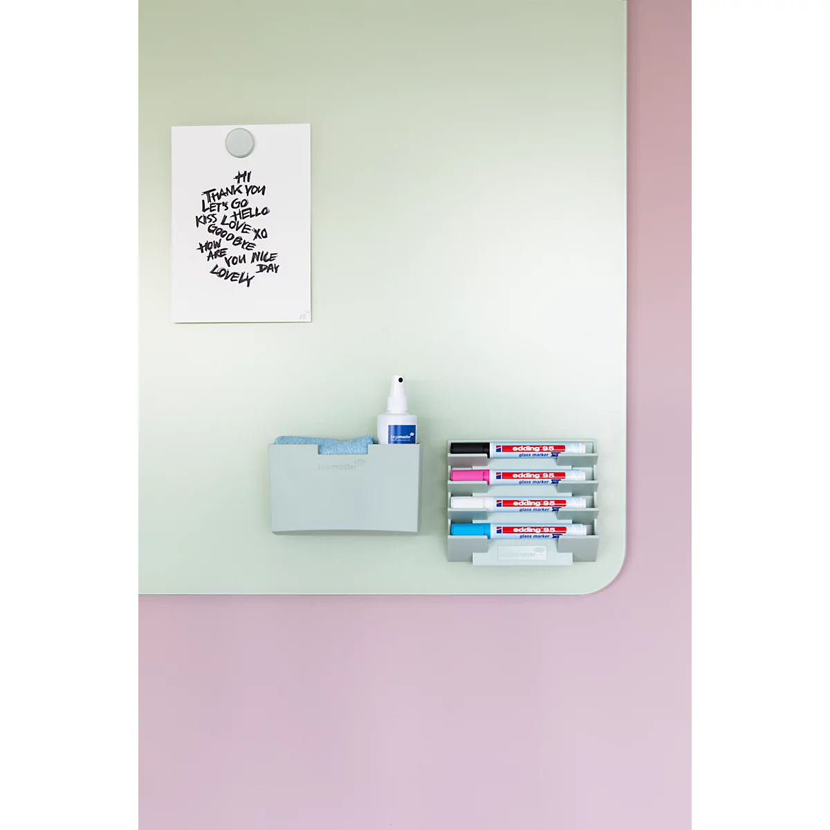 Tableau en verre Legamaster RC, avec 2 aimants &amp; 1 marqueur pour tableau en verre, L 1200 x P 4,4 x H 900 mm, verre de sécurité trempé, mat, sage green