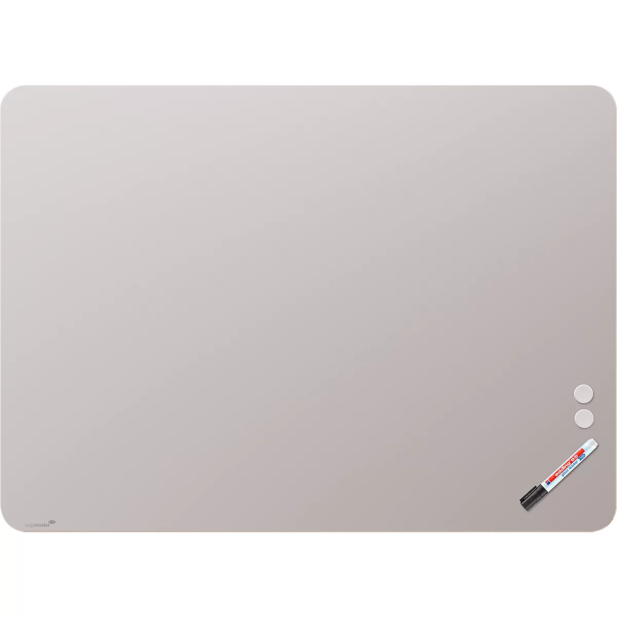Tableau en verre Legamaster RC, avec 2 aimants &amp; 1 marqueur pour tableau en verre, L 1200 x P 4,4 x H 900 mm, verre de sécurité trempé, mat, warm grey