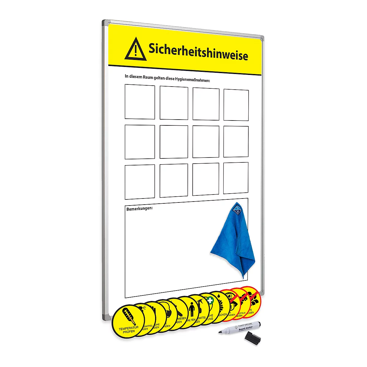 Tableau magnétique Instructions d'hygiène, 12 aimants jaunes, inscriptibles, tôle d'acier/aluminium, blanc, L 450 x H 600 mm