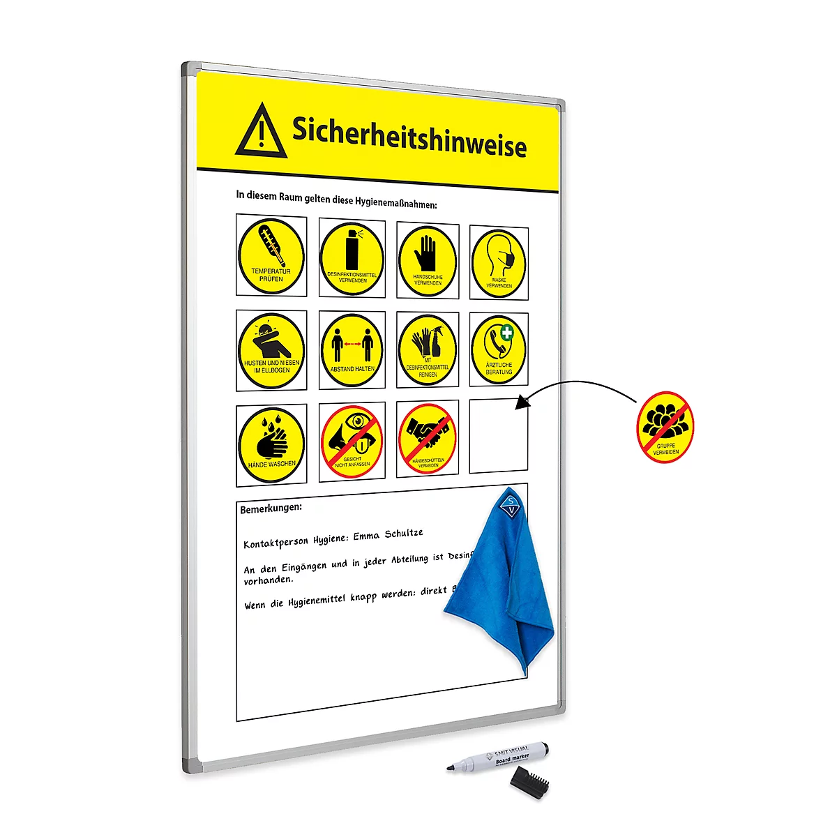 Tableau magnétique Instructions d'hygiène, 12 aimants jaunes, inscriptibles, tôle d'acier/aluminium, blanc, L 450 x H 600 mm