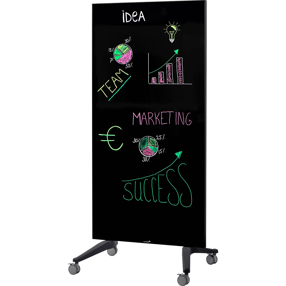 Tableau mobile en verre Legamaster, noir, magnétique, utilisable des deux côtés, L 900 x H 1750 mm