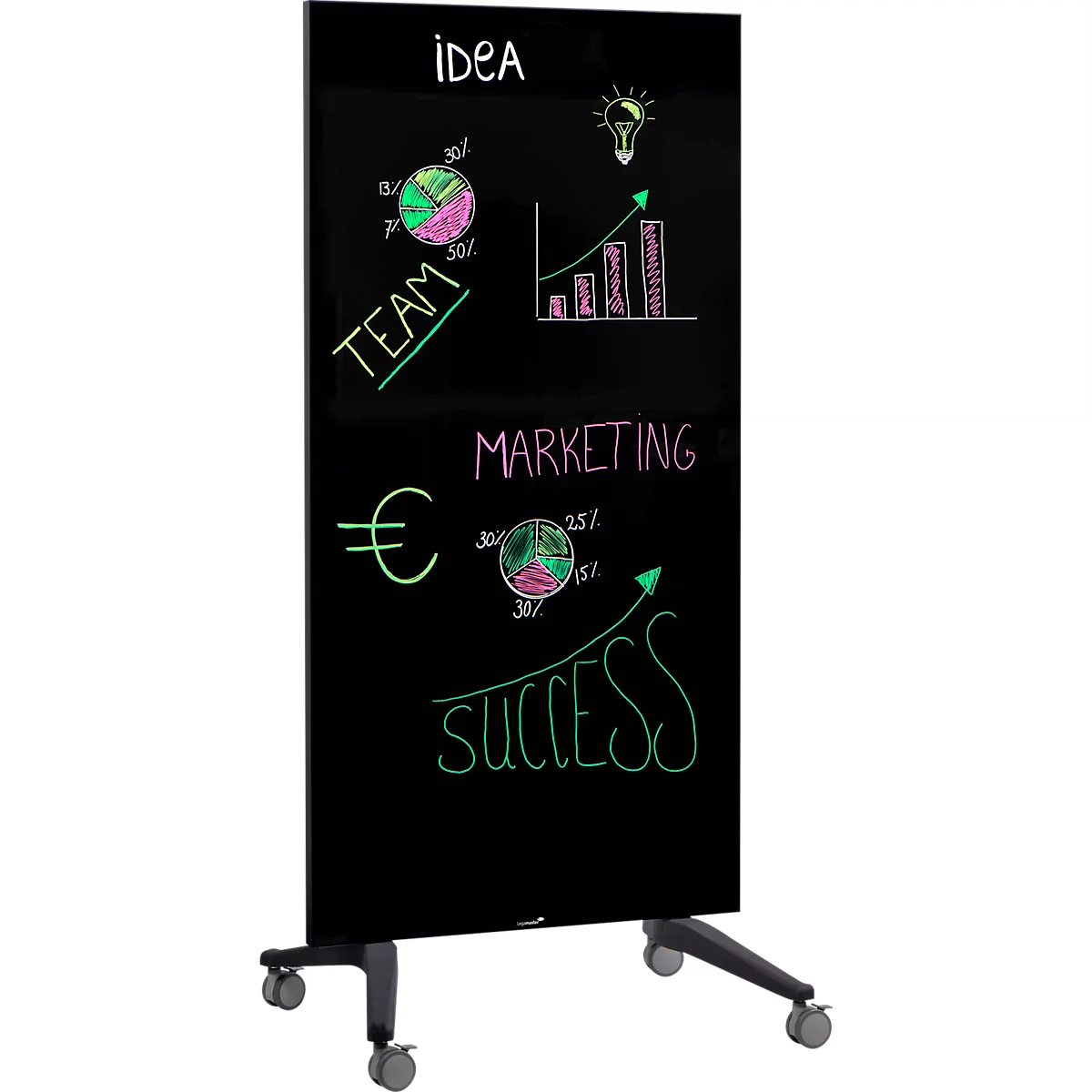 Tableau mobile en verre Legamaster, noir, magnétique, utilisable des deux côtés, L 900 x H 1750 mm