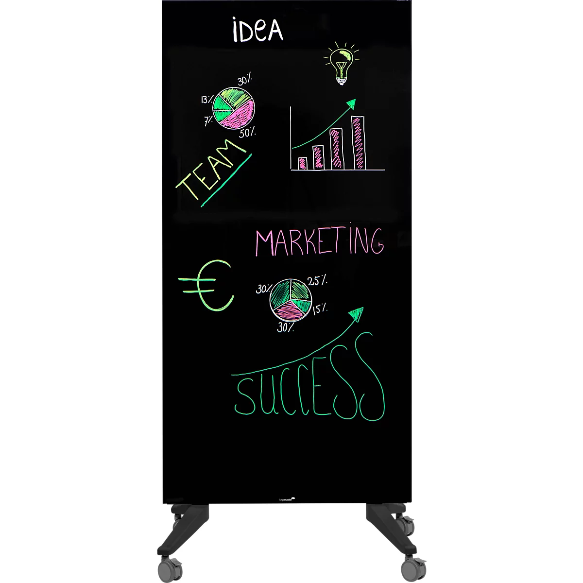 Tableau mobile en verre Legamaster, noir, magnétique, utilisable des deux côtés, L 900 x H 1750 mm