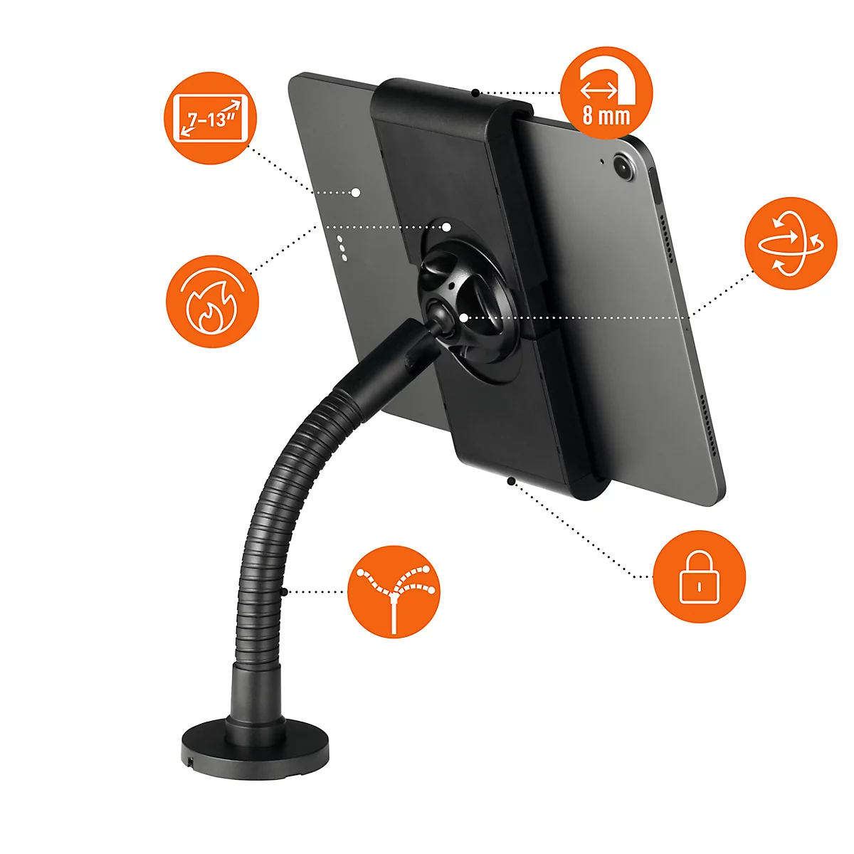 Tablet Halterung Durable TOUGH WALL/TABLE, für 1 Tablet mit 7-13', Montage an Wänden/Tischen, 360° drehbar, Kabelführung, Diebstahlsicherung, schwarz
