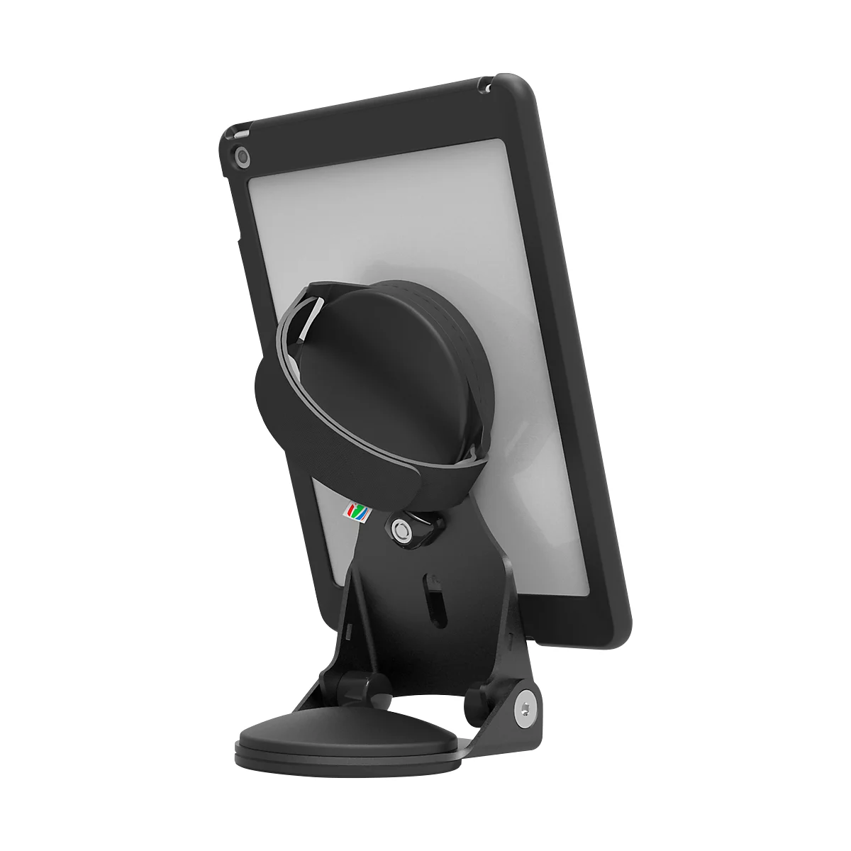 A black tablet holder with a suction cup. The tablet is held in a black case, which is attached to a rotating joint.
