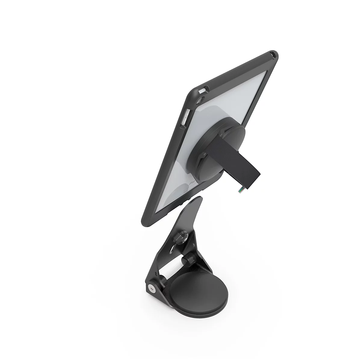Black tablet stand. The tablet is in a protective case. The holder has a triangular base and a swivel mount.