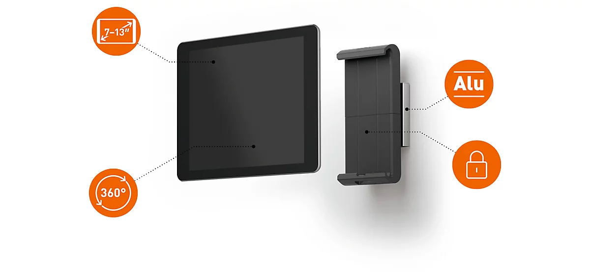 Tablet muurbevestiging DURABLE WALL, voor schalen 7-13", 360° draaibaar, diefstalbeveiliging