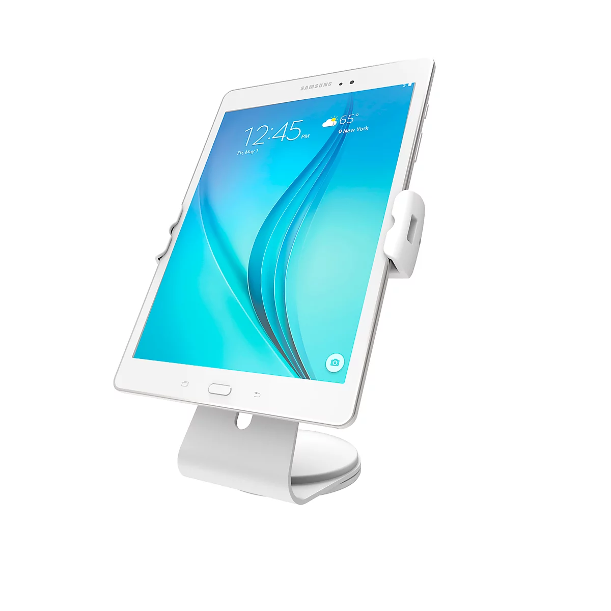 White tablet in holder. Screen showing time and weather. Tilted upwards, against white background.