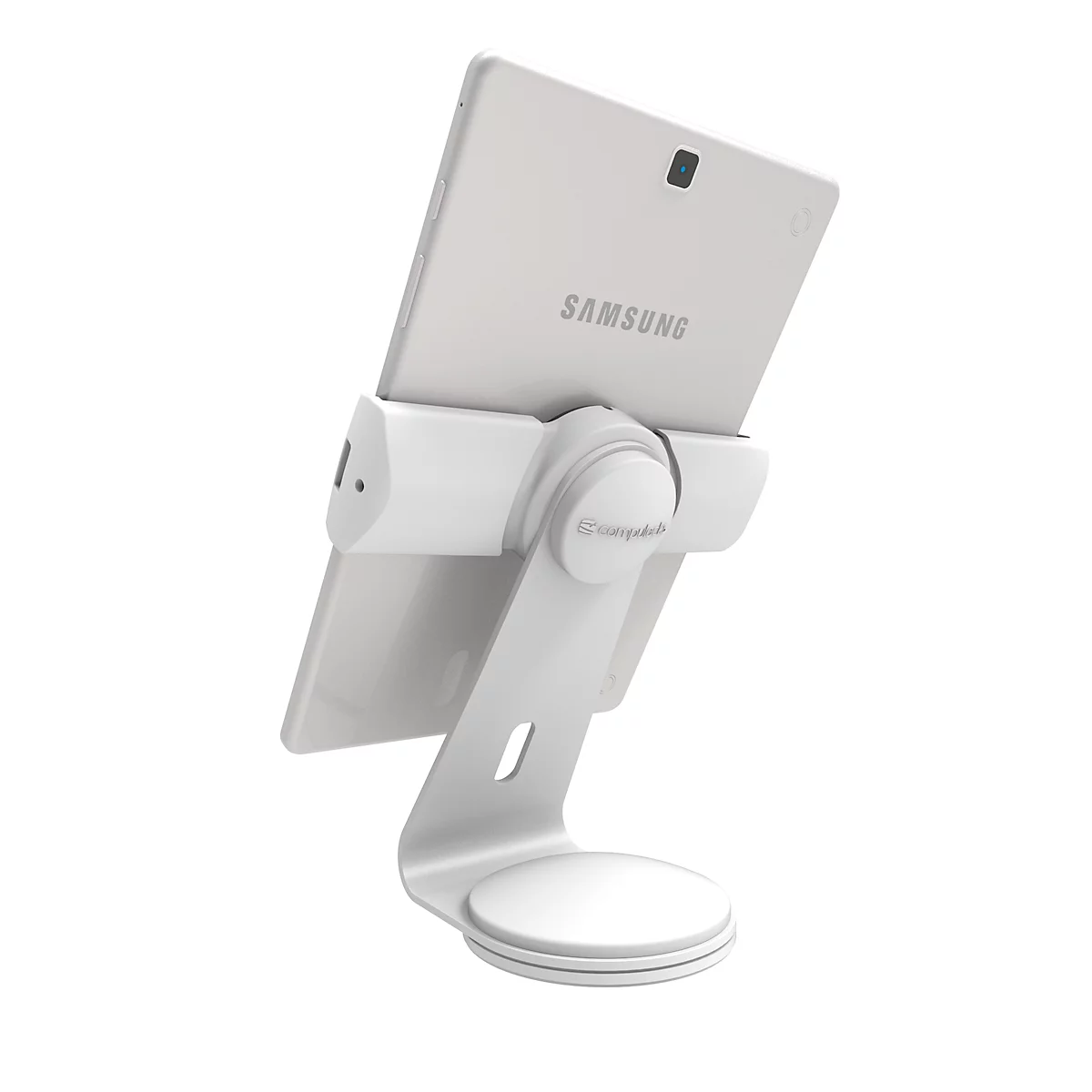White tablet stand with a Samsung tablet on it. The stand is modern and elegantly designed.