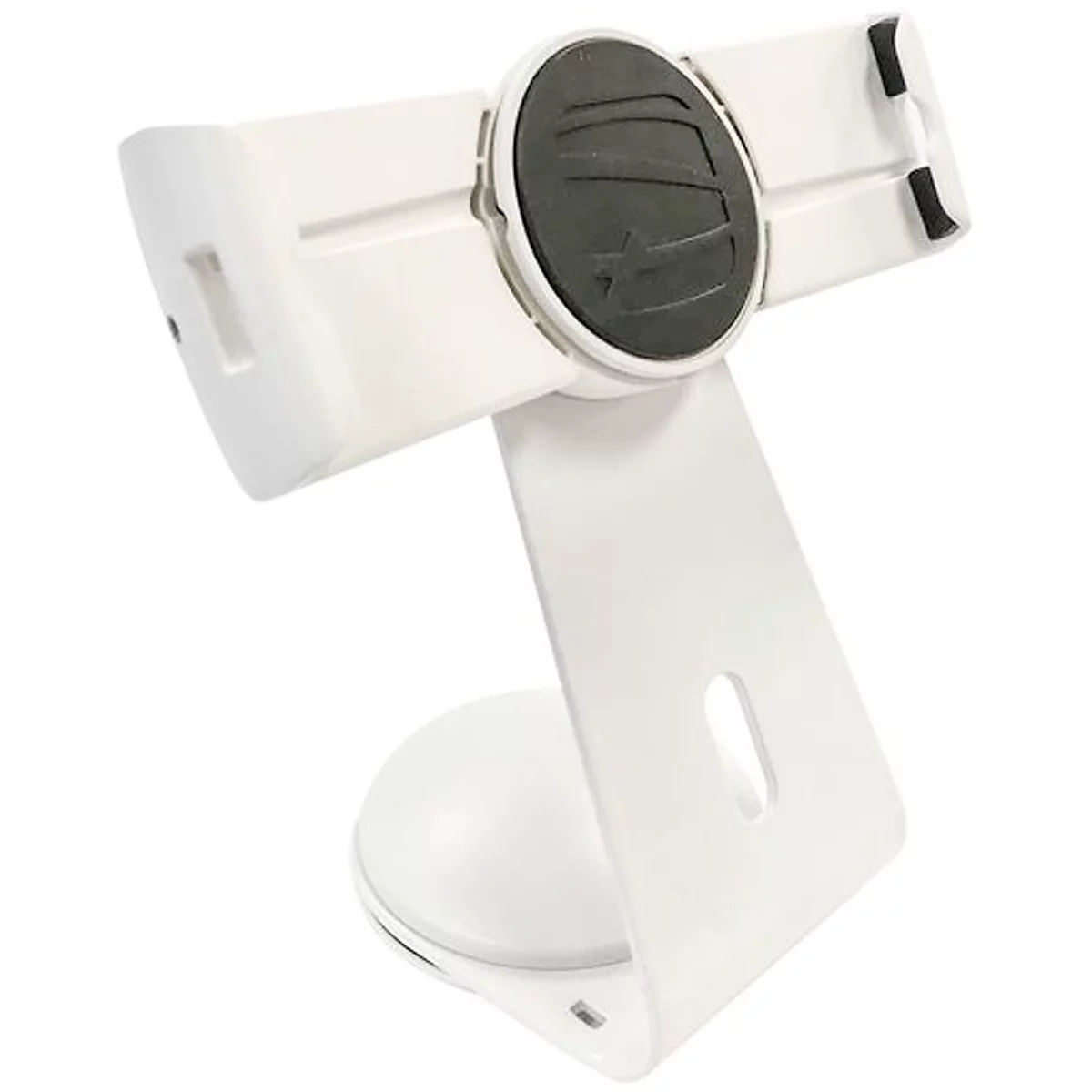 White tablet holder, consists of a holder, a swivel head with black print and a base.