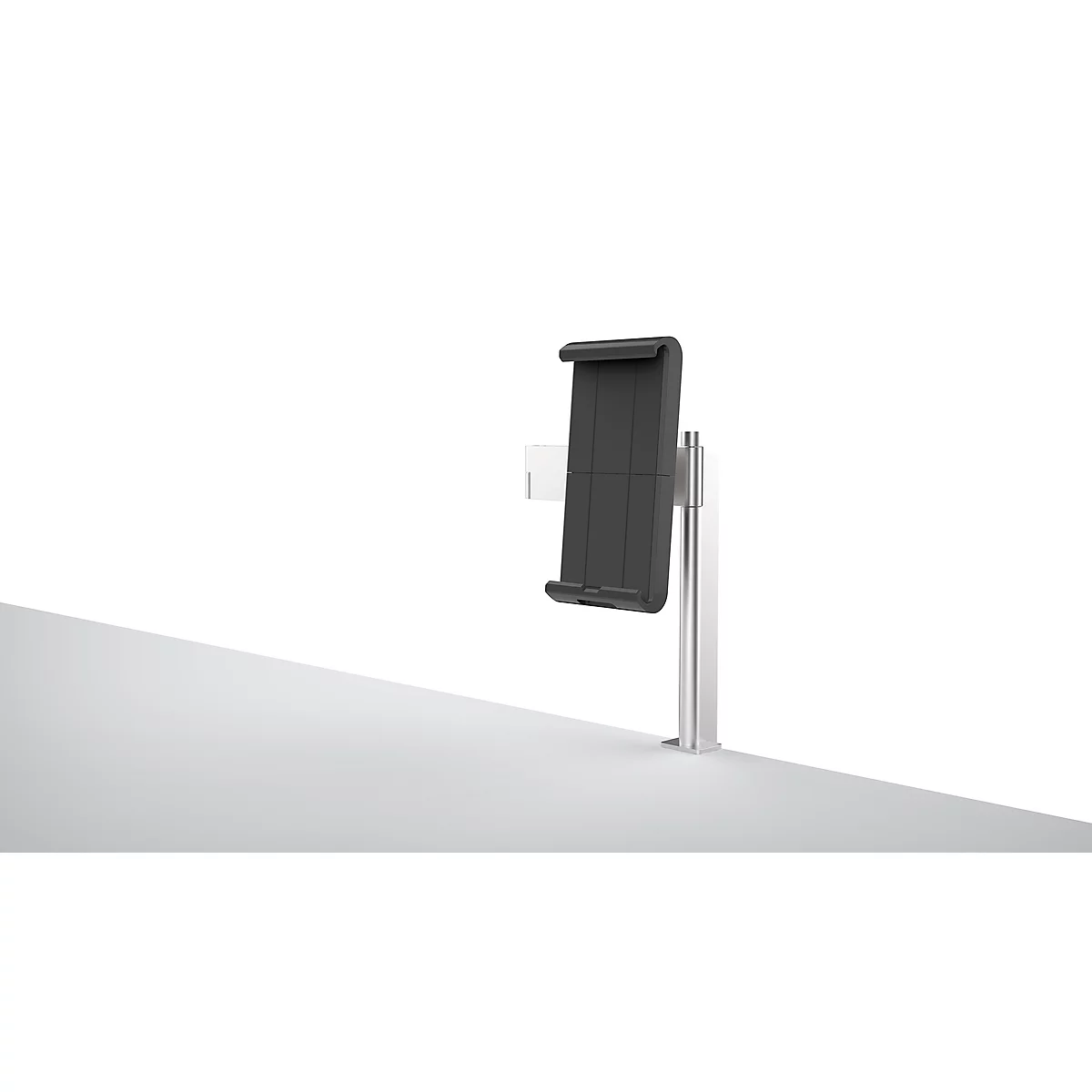 Black tablet holder mounted on a silver pole. Against a white background.