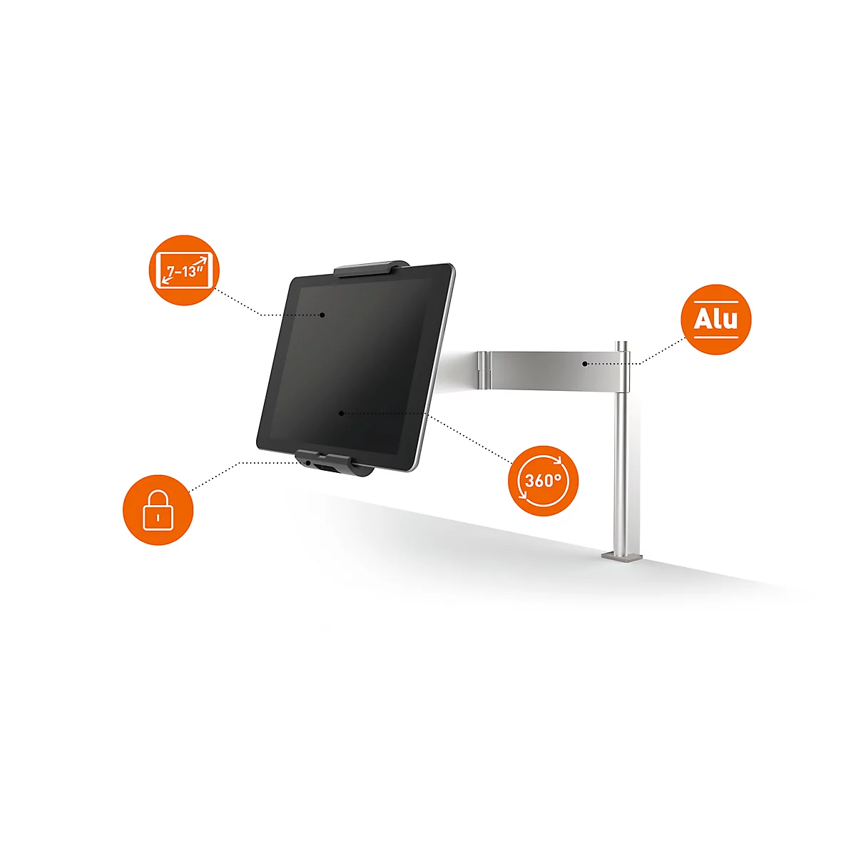 Aluminum tablet holder, 360° rotatable, with safety function. Display: 7-13 inches. Wall mounted.