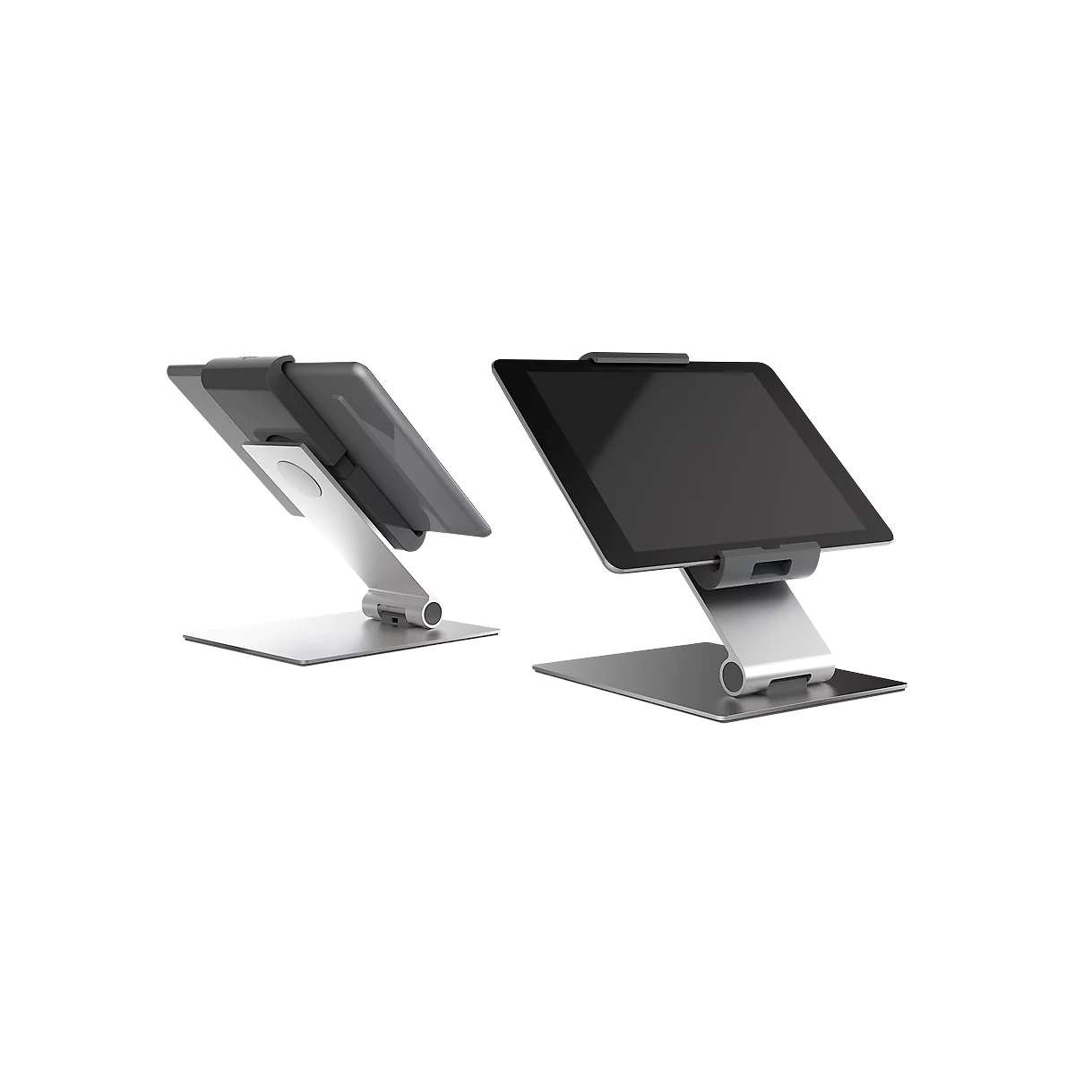 Silver tablet stand holding the tablet, with the display tilted upwards.