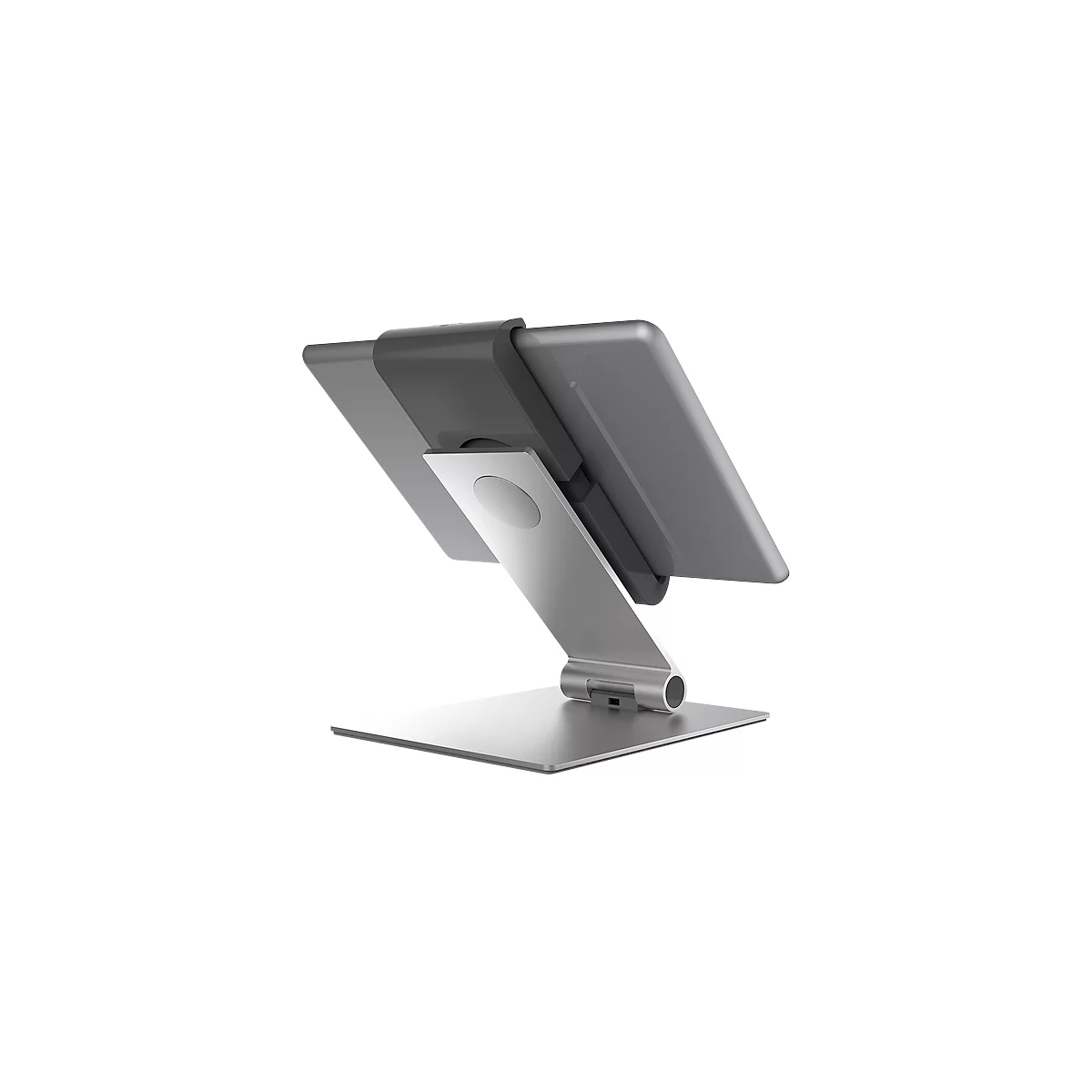 Silver tablet stand, angled, with swivel tablet holder and square base.