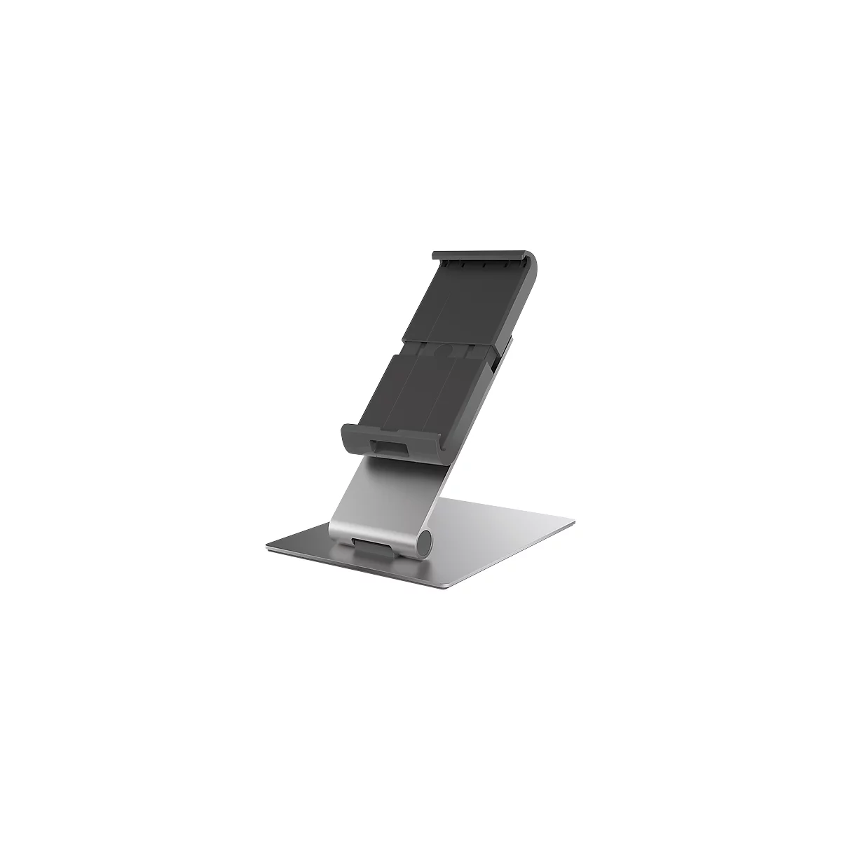 Gray tablet stand angled on a metal base.