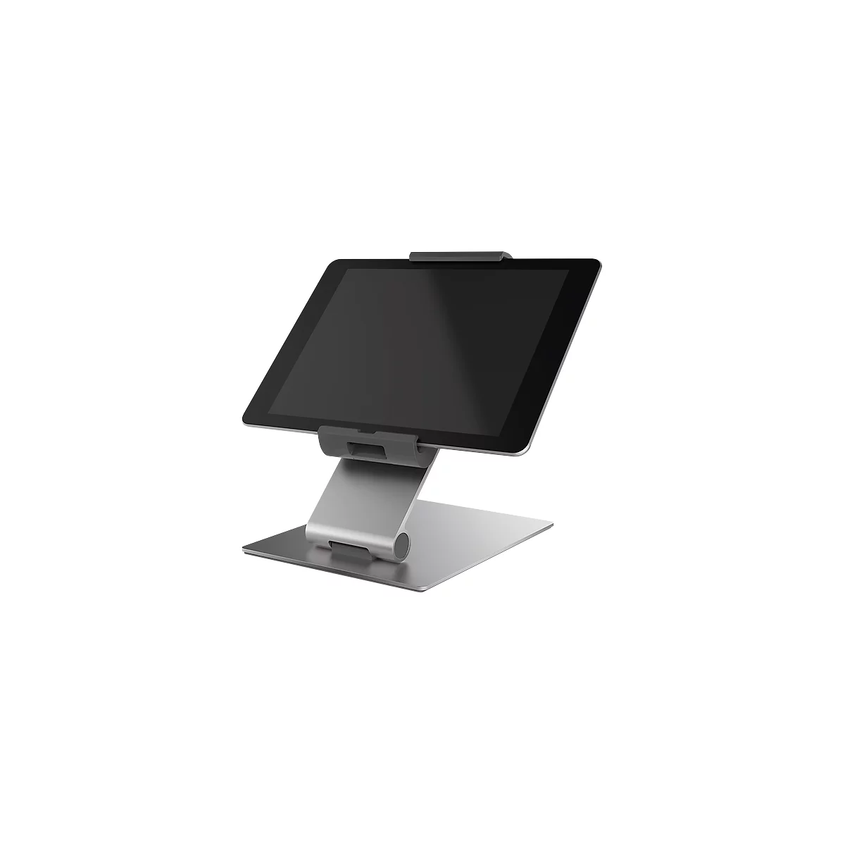 A grey metal tablet stand with a tablet placed on it.
