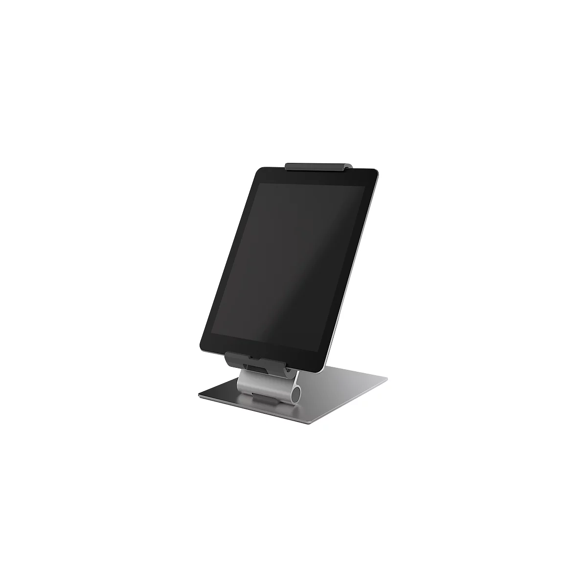 A tablet PC is set up in a silver holder. The screen is black, the holder is made of metal.