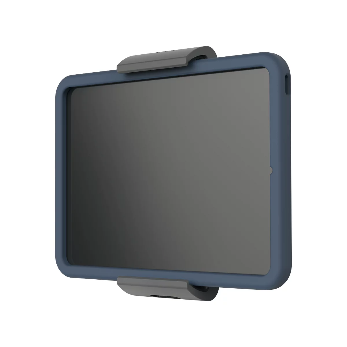 Dark blue tablet in a case with gray holders. The display is dark gray.