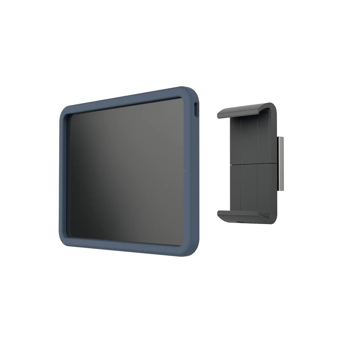 Blue tablet in protective case and wall mount. Gray screen, dark holder with silver plate.