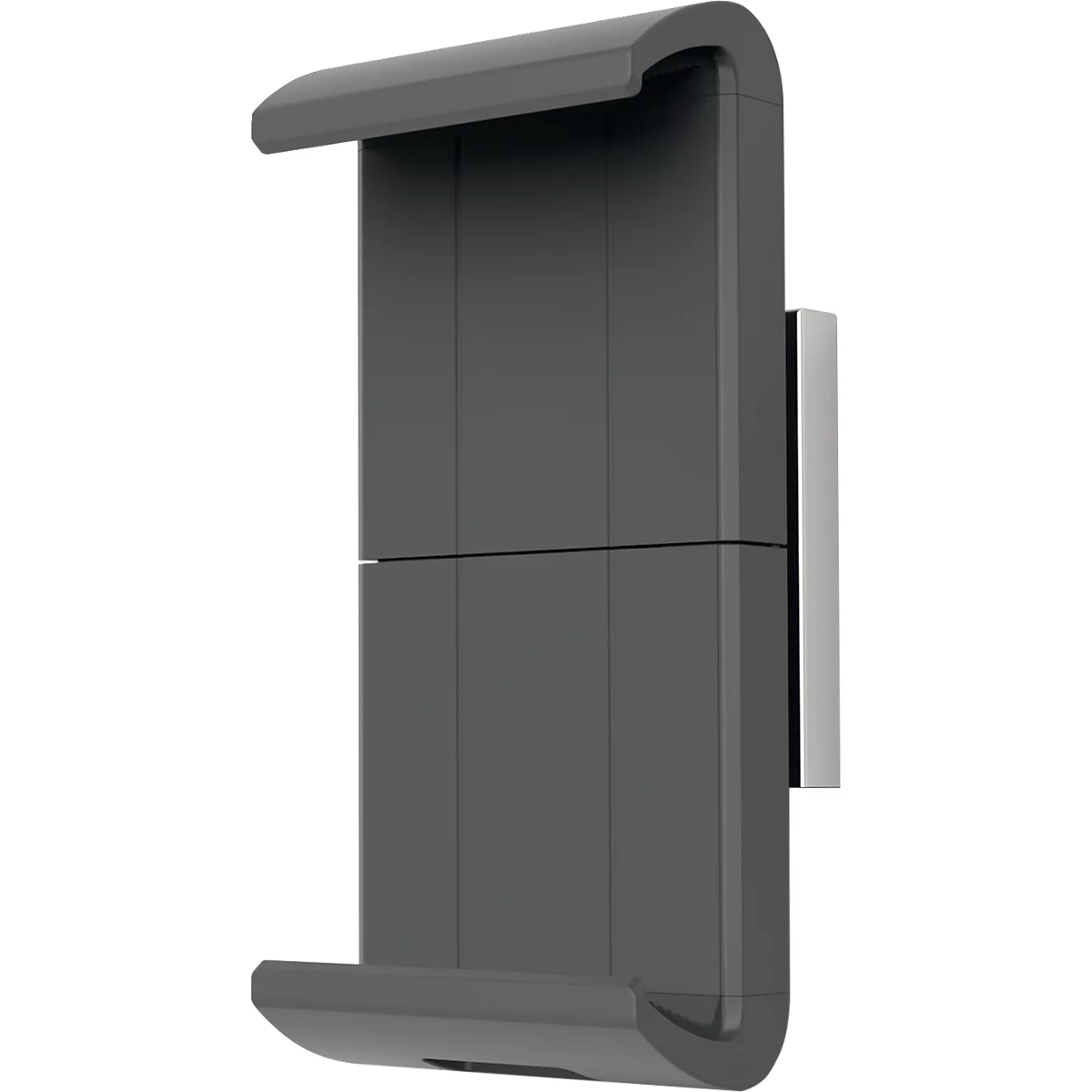 Dark grey tablet holder on the wall, with rounded top edge. Silver holder on the wall.