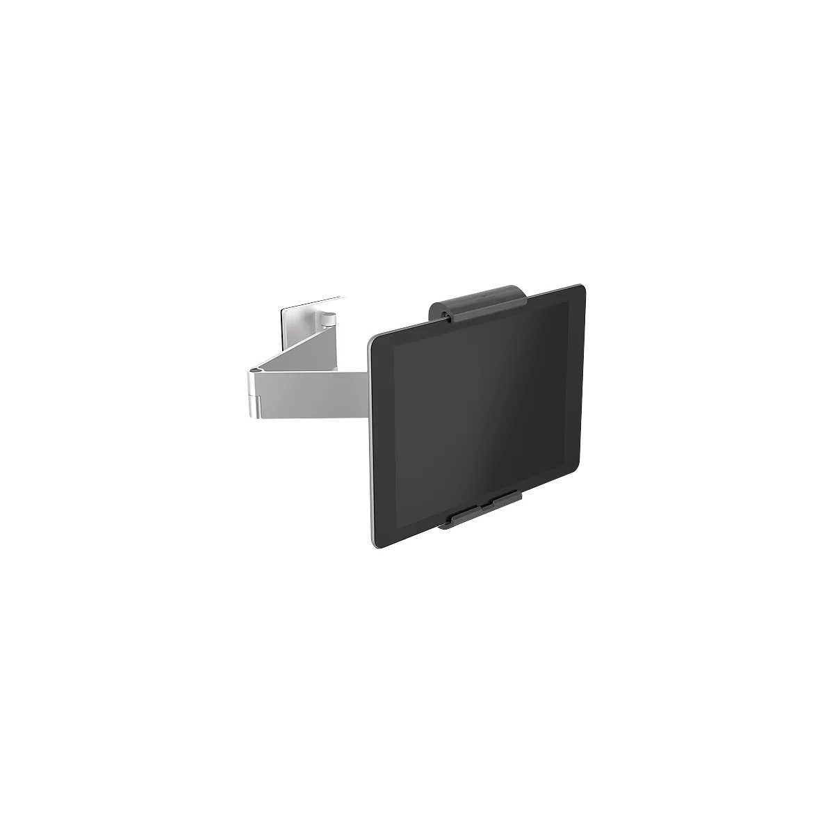 Gray tablet holder with a black tablet against a white background.