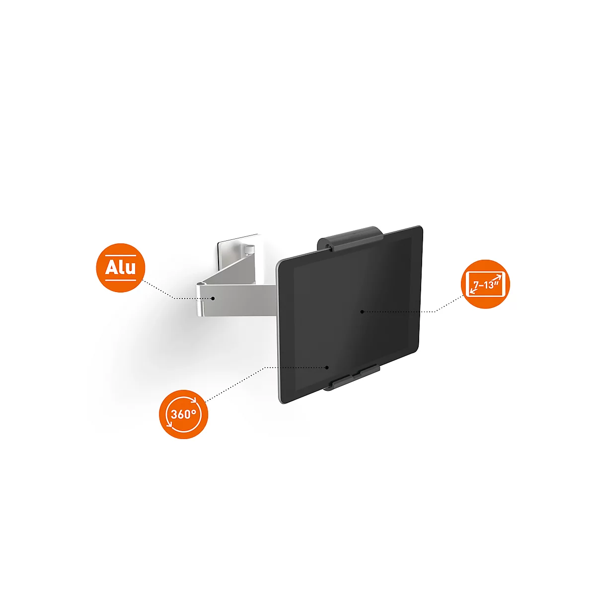 Tablet Wandhalterung Durable Wall Arm, für Tablets 7-13', drehbarer Schwenkarm, um 360° drehbar, neigbar