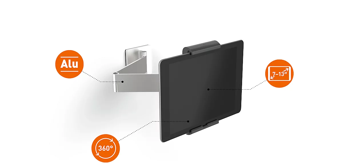 Tablet Wandmontage DURABLE WALL ARM, voor tabletten 7-13", draaibare zwenkarm, 360° draaibaar, kantelbaar