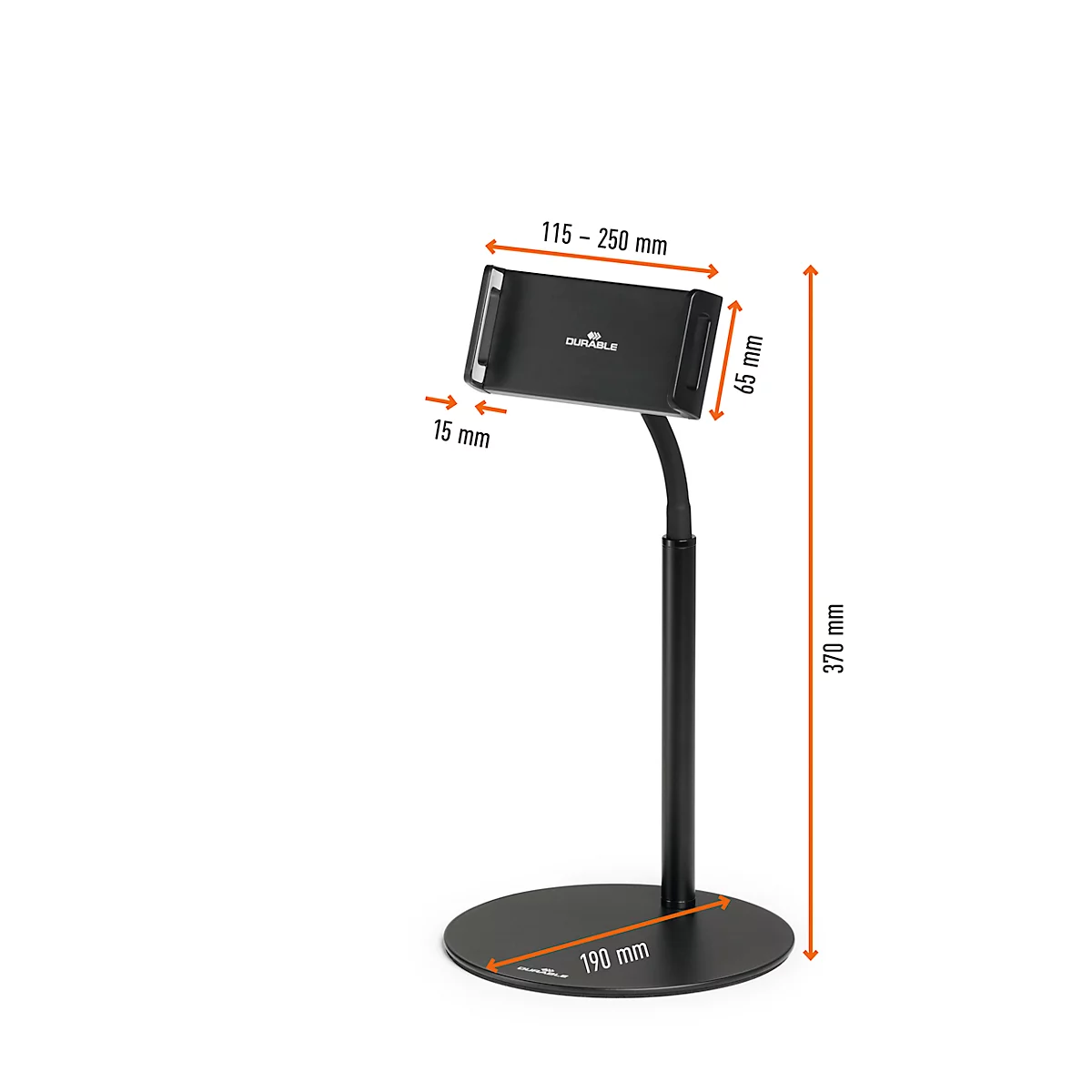 Tablethalter Durable Twist Table, für Tablets & Handy von 4,7-13', höhenverstell-/dreh/-neigbar, B 190 x T 190 x H 370 mm, Kunststoff & Metall, schwarz