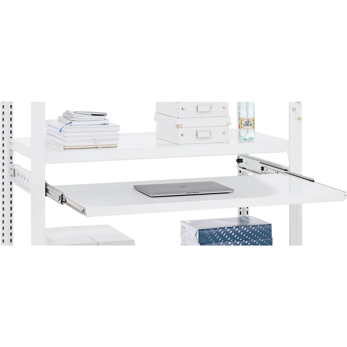 Tablette coulissante ORDO Professional, coulisse télescopique à sortie totale, réglable en hauteur, charge max. 60 kg, L 1.000 mm x P 500 mm, blanc trafic RAL 9016