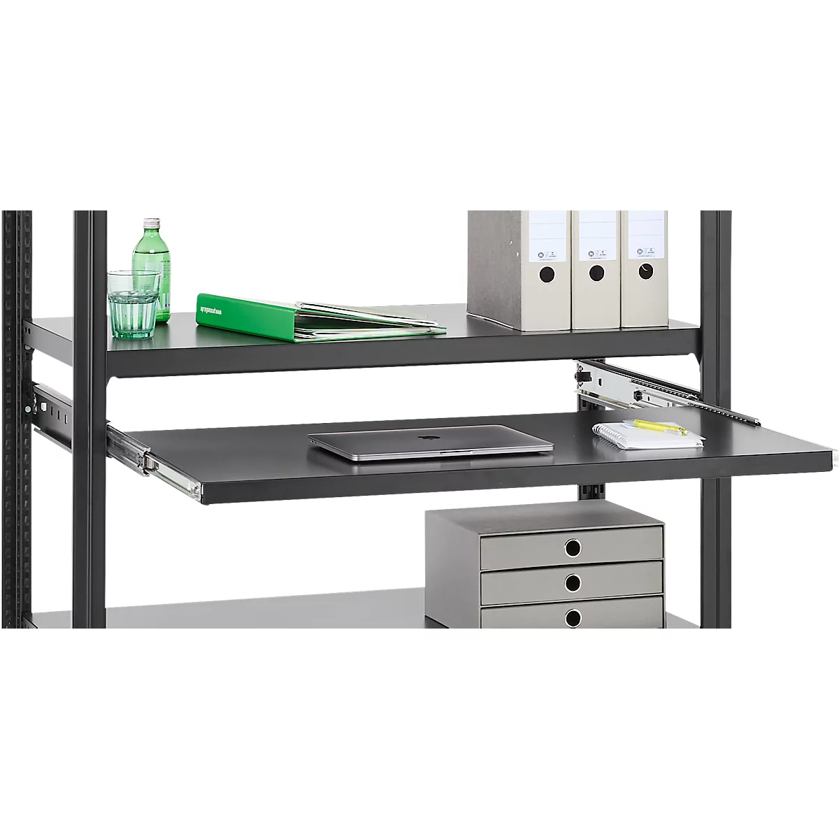 Tablette coulissante pour systèmes de rayonnages ORDO Business, coulisse télescopique à sortie totale, réglable en hauteur, L 1000 x P 500 mm, charge admissible 60 kg, noir profond RAL 9005