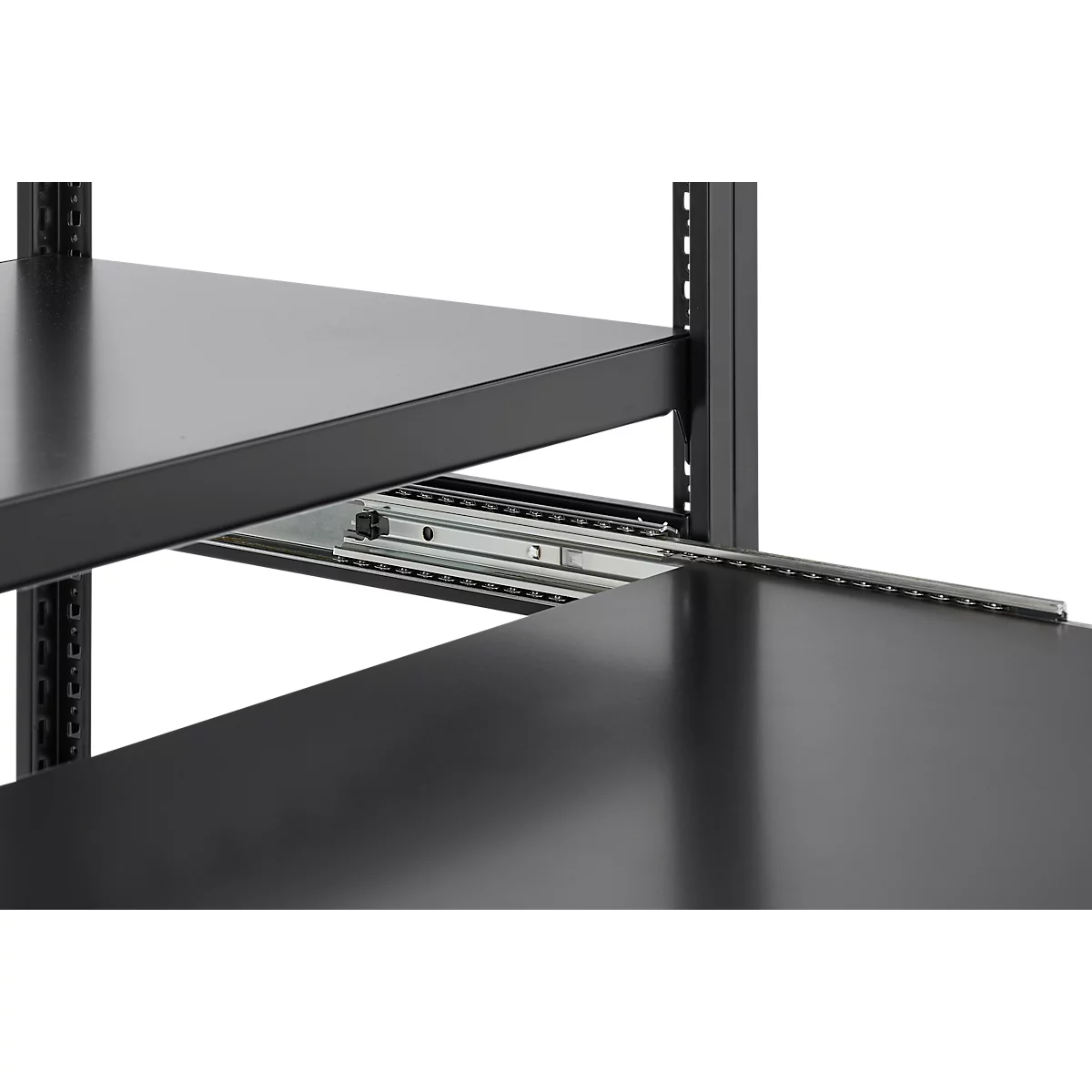 Tablette coulissante pour systèmes de rayonnages ORDO Business, coulisse télescopique à sortie totale, réglable en hauteur, L 1000 x P 500 mm, charge admissible 60 kg, noir profond RAL 9005