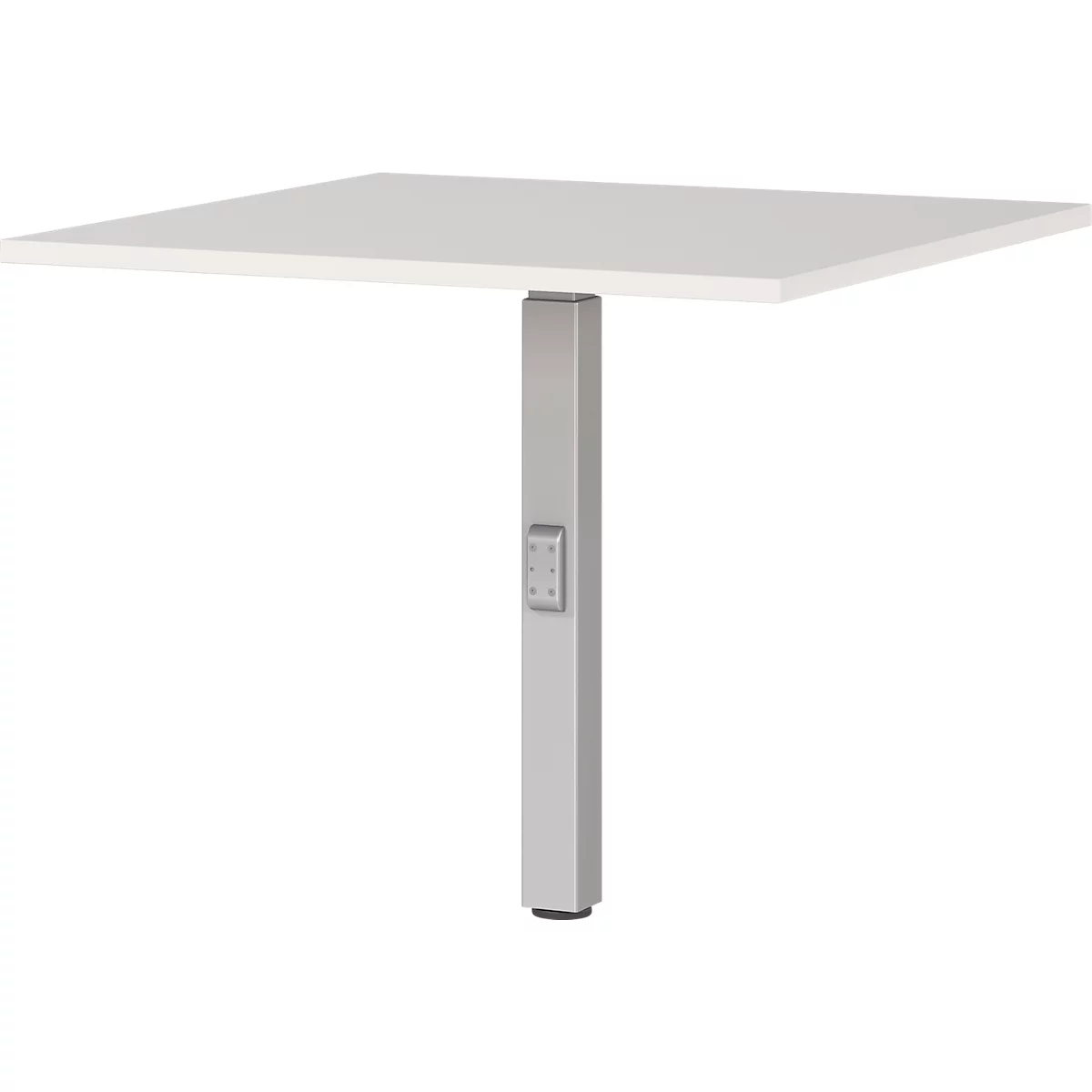 Une table blanche carrée avec une colonne argentée réglable en hauteur. Boutons de commande.