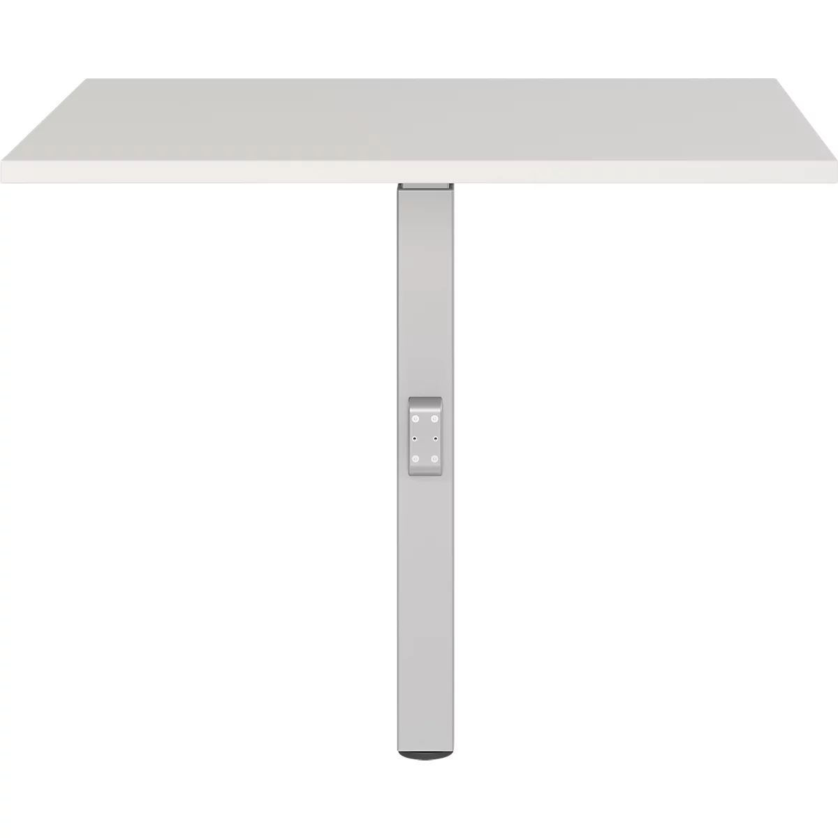 Une table blanche avec un plateau rectangulaire et un pied gris.