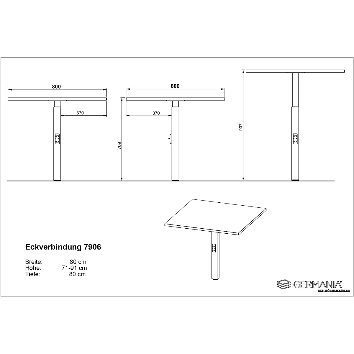 Différentes vues d'une table réglable en hauteur, avec dimensions. En bas à droite : une table avec connexion d'angle.