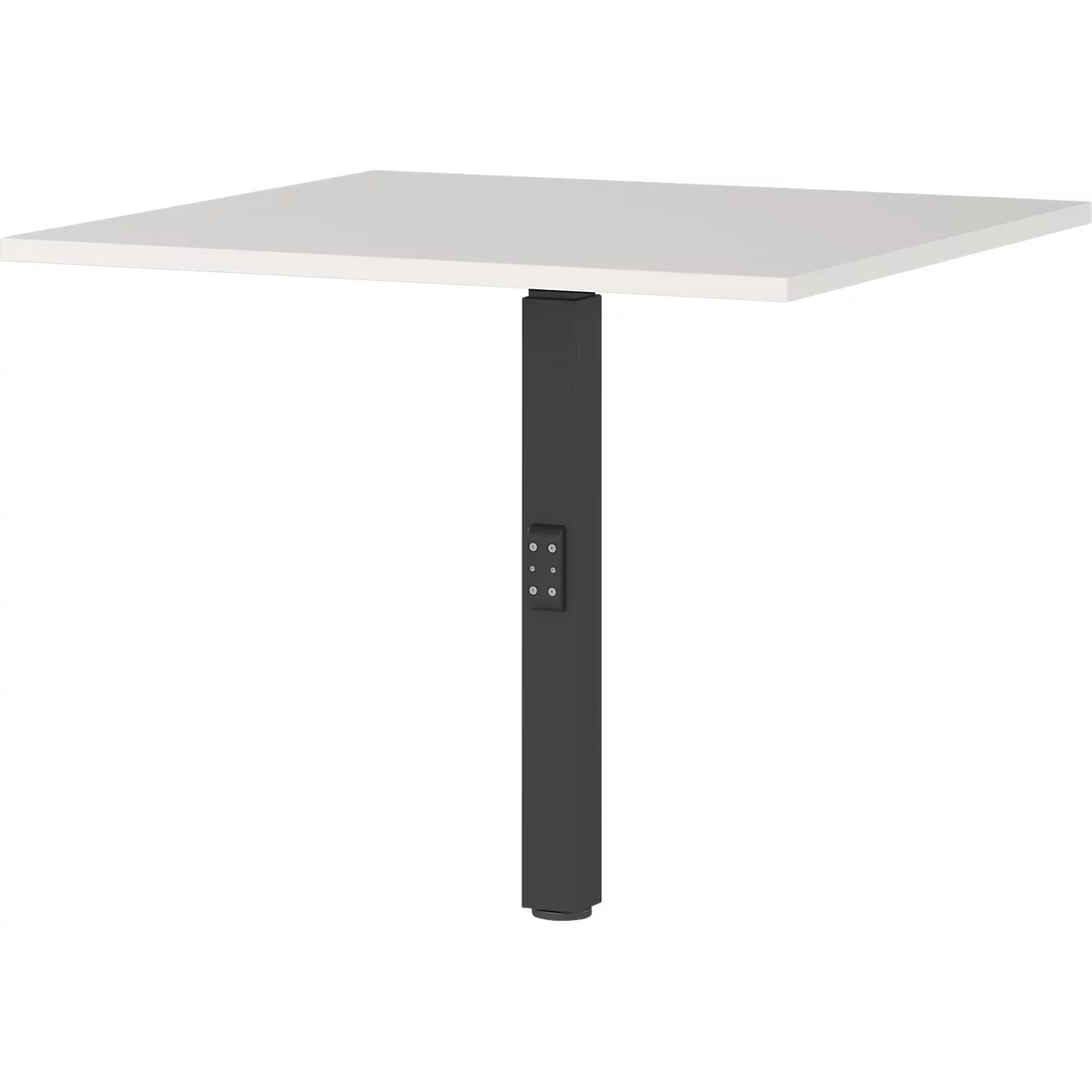 Une table carrée blanche avec une base en colonne noire. Il y a des boutons dans la colonne.