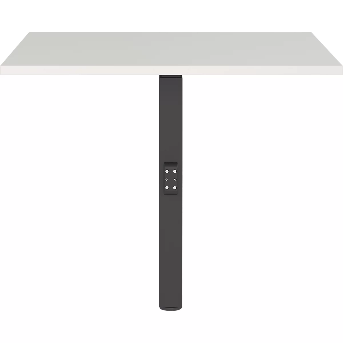 Table blanche avec pied noir réglable en hauteur. Il y a des boutons sur la jambe.