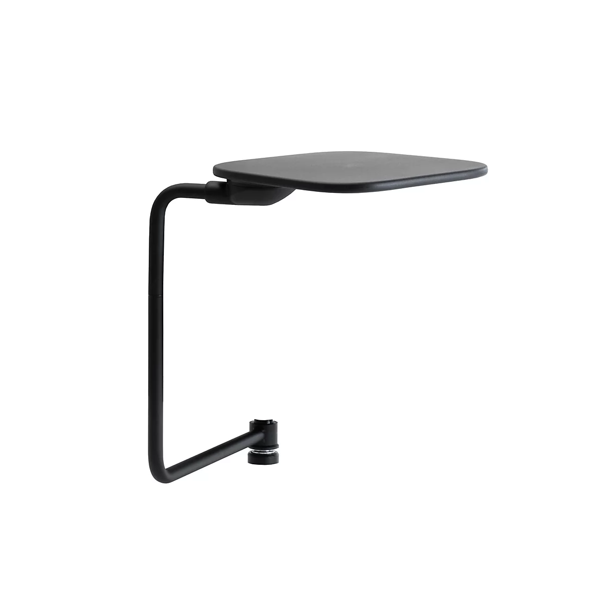 Support de serrage noir et minimaliste avec tablette plate sur fond blanc.